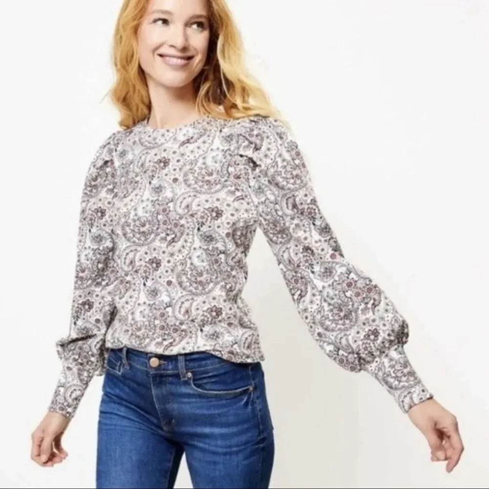 AnnTaylor Loft Sz XXS Petite Red White Paisley Floral Puff Sleeve Top Sweatshirt
